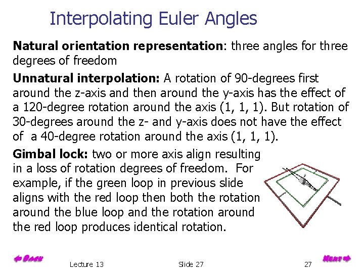 Interpolating Euler Angles Natural orientation representation: three angles for three degrees of freedom Unnatural