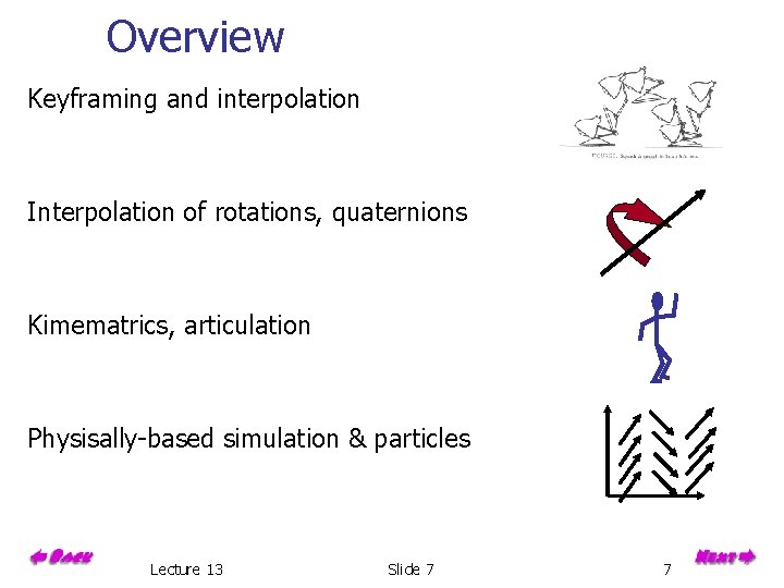 Overview Keyframing and interpolation Interpolation of rotations, quaternions Kimematrics, articulation Physisally-based simulation & particles