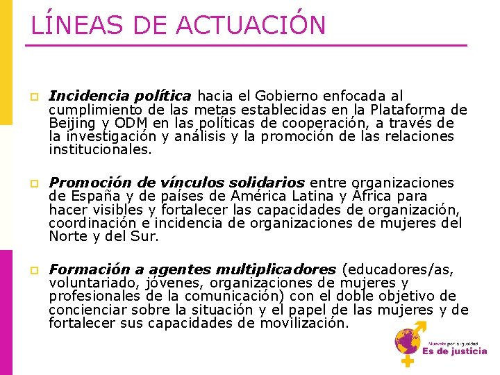 LÍNEAS DE ACTUACIÓN p Incidencia política hacia el Gobierno enfocada al cumplimiento de las