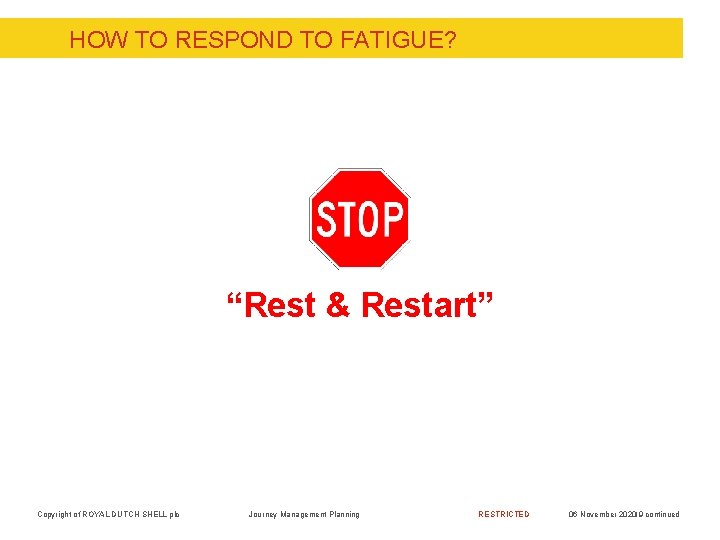 HOW TO RESPOND TO FATIGUE? “Rest & Restart” Copyright of ROYAL DUTCH SHELL plc