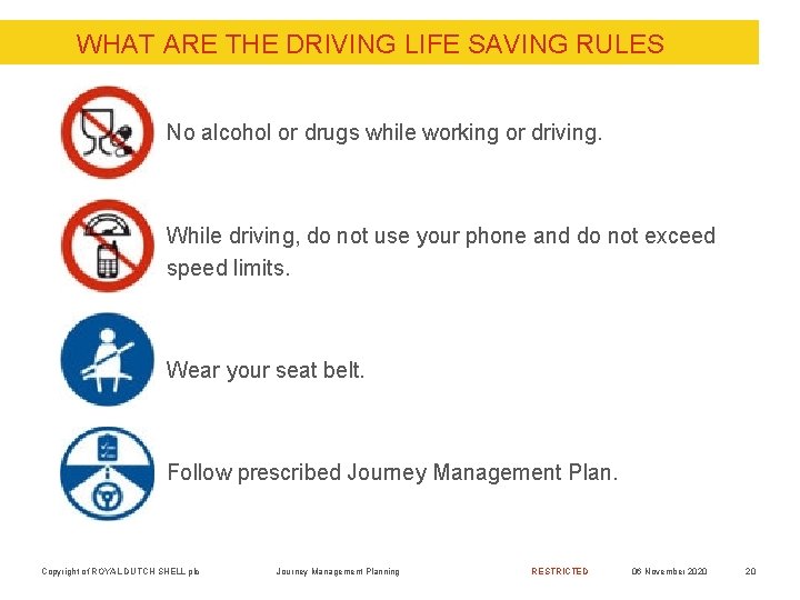 WHAT ARE THE DRIVING LIFE SAVING RULES No alcohol or drugs while working or