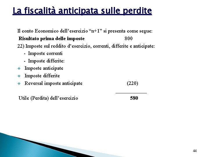 La fiscalità anticipata sulle perdite Il conto Economico dell’esercizio “n+1” si presenta come segue: