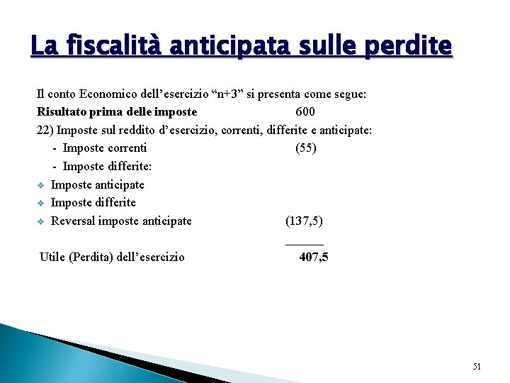 La fiscalità anticipata sulle perdite Il conto Economico dell’esercizio “n+3” si presenta come segue: