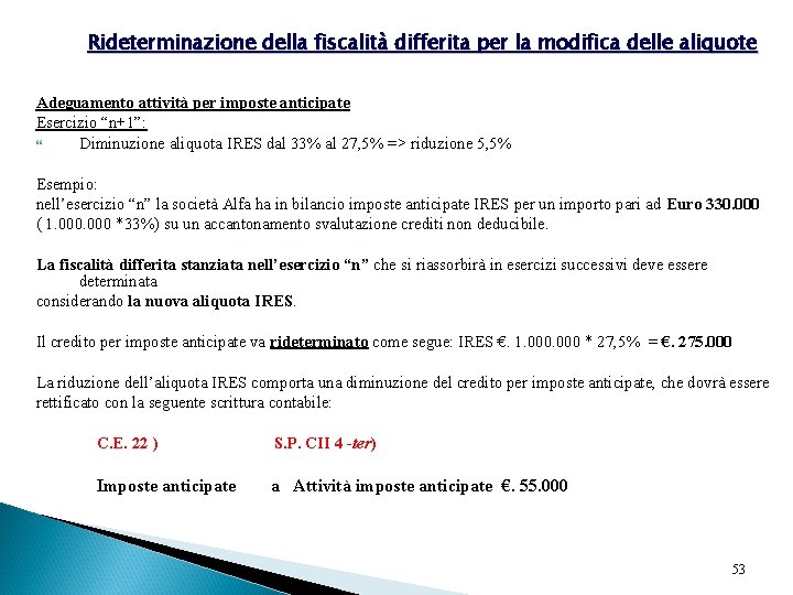 Rideterminazione della fiscalità differita per la modifica delle aliquote Adeguamento attività per imposte anticipate