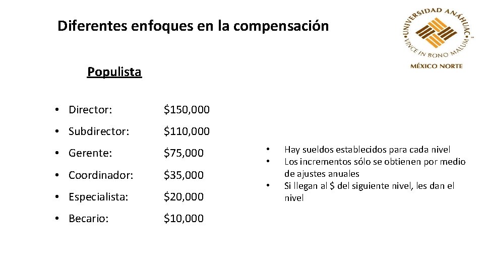 Diferentes enfoques en la compensación Populista • Director: $150, 000 • Subdirector: $110, 000