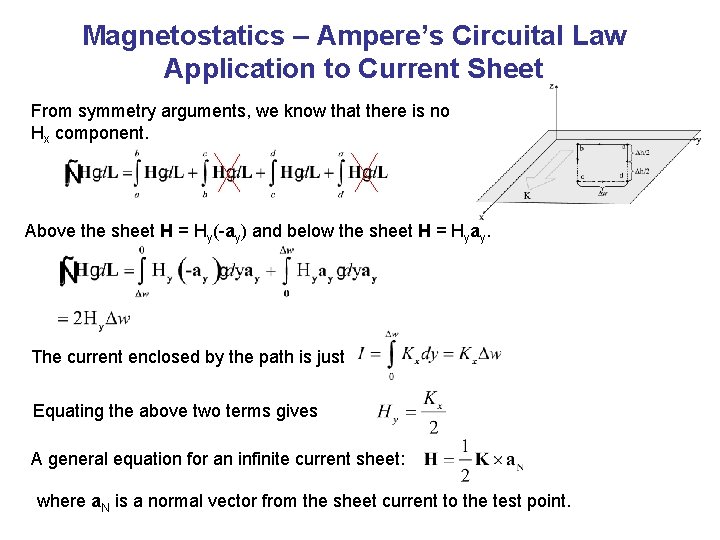 Magnetostatics – Ampere’s Circuital Law Application to Current Sheet From symmetry arguments, we know Magnetostatics – Ampere’s Circuital Law Application to Current Sheet From symmetry arguments, we know