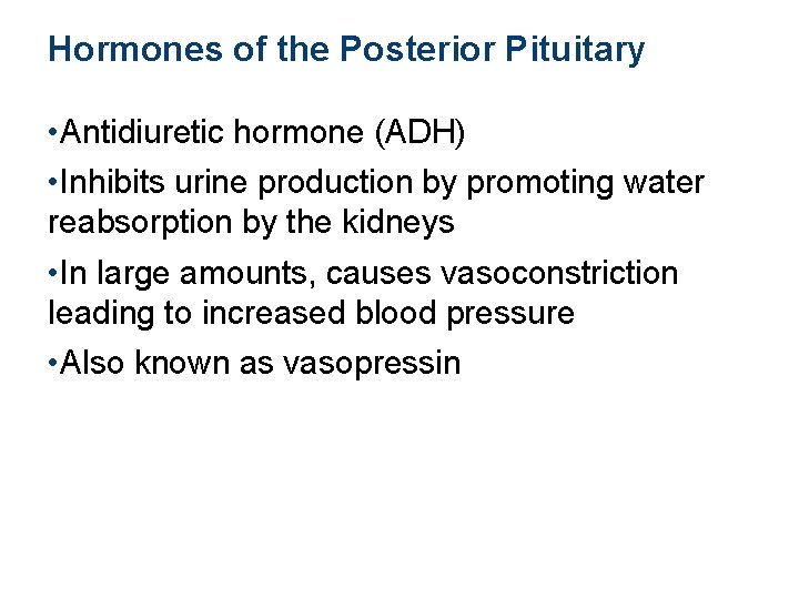 Hormones of the Posterior Pituitary • Antidiuretic hormone (ADH) • Inhibits urine production by