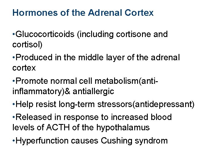Hormones of the Adrenal Cortex • Glucocorticoids (including cortisone and cortisol) • Produced in