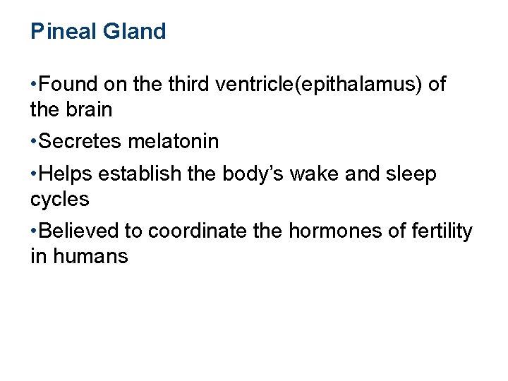 Pineal Gland • Found on the third ventricle(epithalamus) of the brain • Secretes melatonin