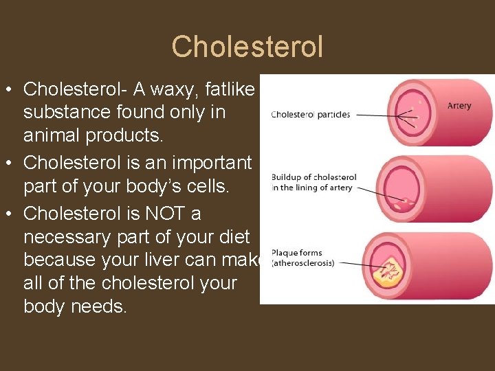 Cholesterol • Cholesterol- A waxy, fatlike substance found only in animal products. • Cholesterol