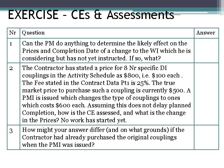 EXERCISE – CEs & Assessments Nr Question 1 Can the PM do anything to