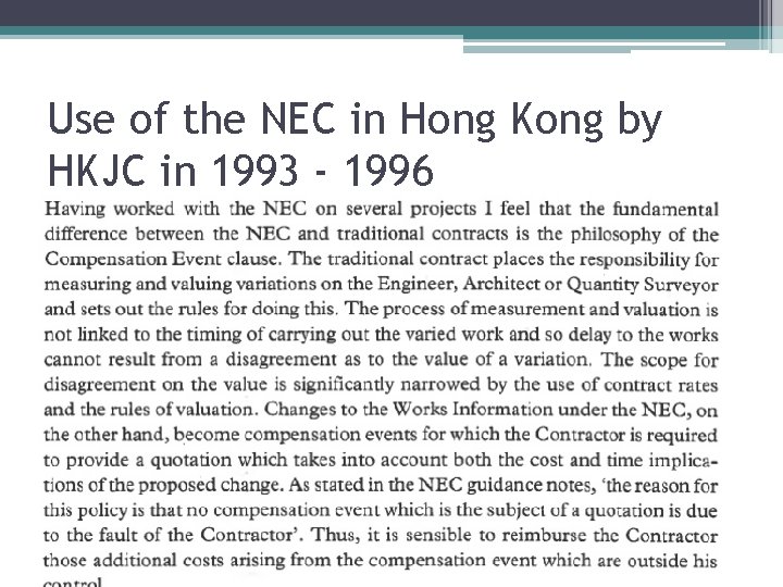 Use of the NEC in Hong Kong by HKJC in 1993 - 1996 