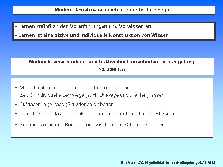 Moderat konstruktivistisch orientierter Lernbegriff • Lernen knüpft an den Vorerfahrungen und Vorwissen an •