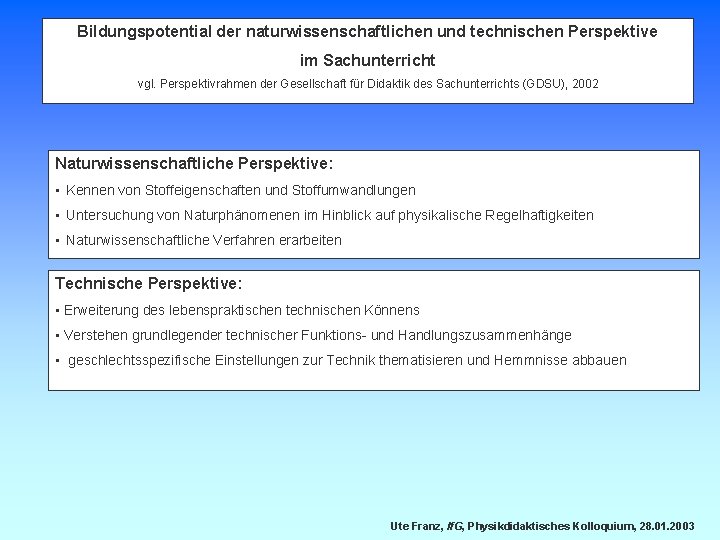 Bildungspotential der naturwissenschaftlichen und technischen Perspektive im Sachunterricht vgl. Perspektivrahmen der Gesellschaft für Didaktik