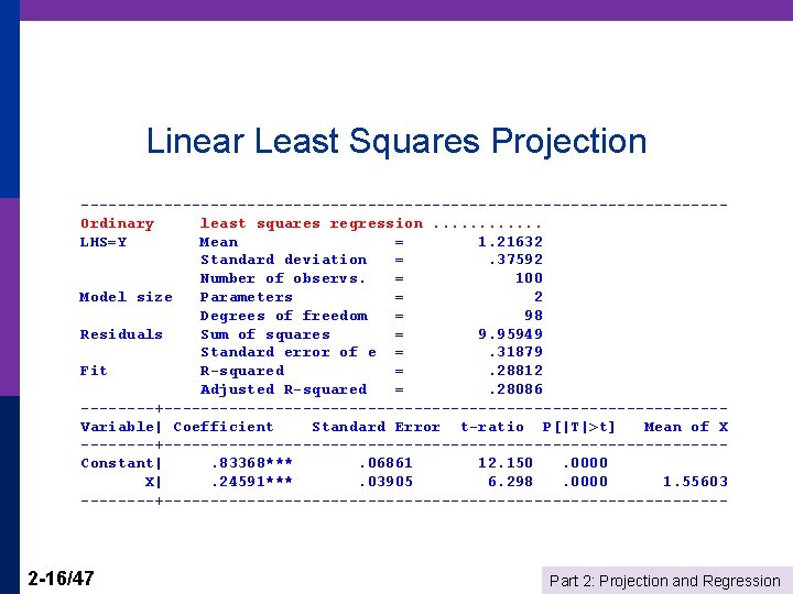 Linear Least Squares Projection -----------------------------------Ordinary least squares regression. . . LHS=Y Mean = 1.