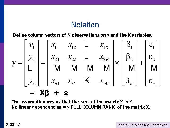 Notation Define column vectors of N observations on y and the K variables. =