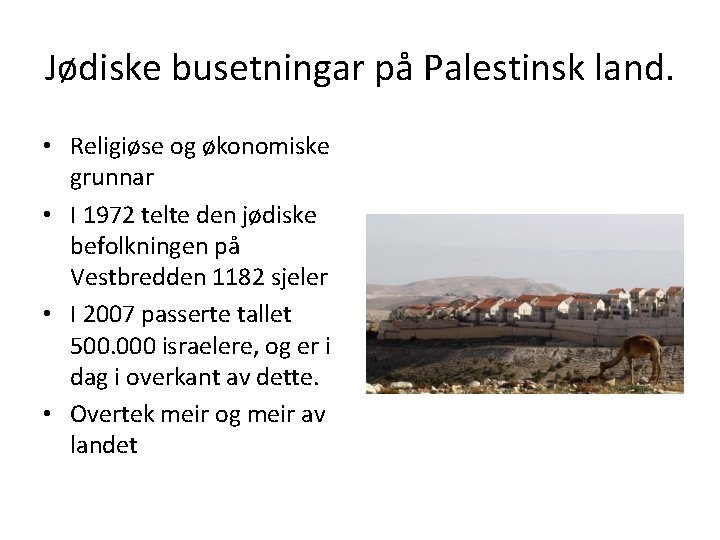 Jødiske busetningar på Palestinsk land. • Religiøse og økonomiske grunnar • I 1972 telte