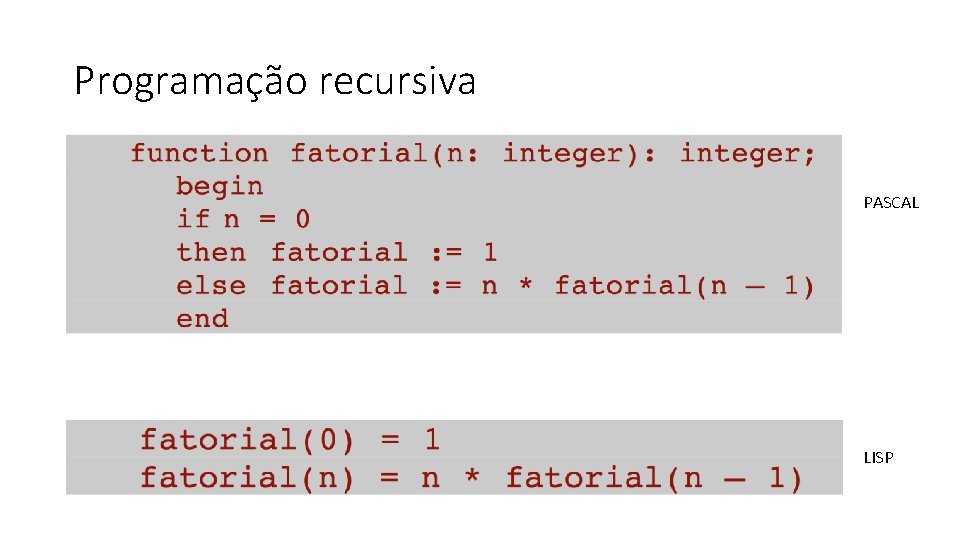 Programação recursiva PASCAL LISP 