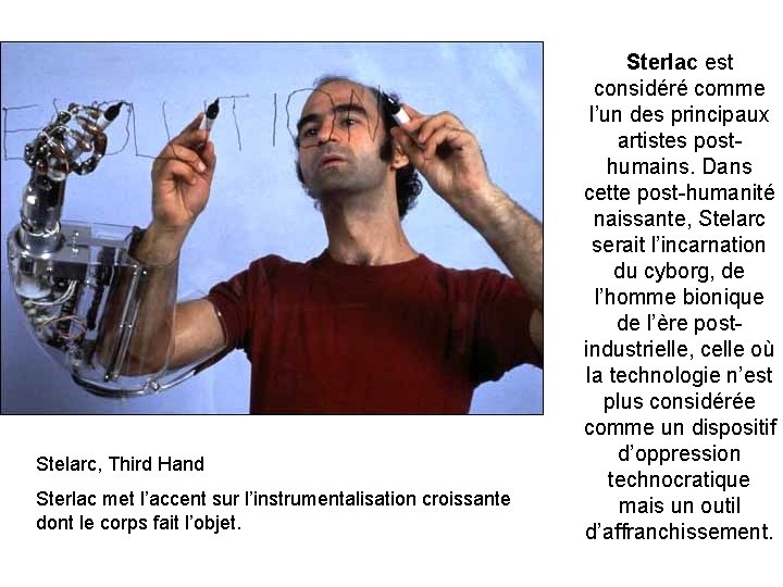 Stelarc, Third Hand Sterlac met l’accent sur l’instrumentalisation croissante dont le corps fait l’objet.