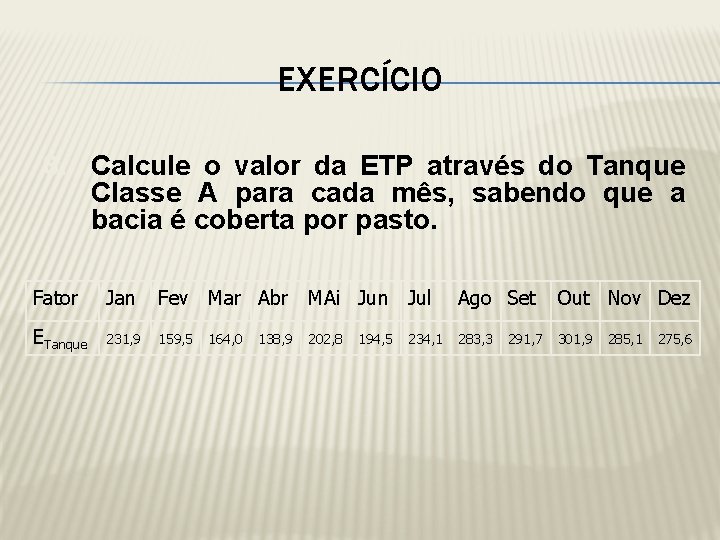 EXERCÍCIO 3. Calcule o valor da ETP através do Tanque Classe A para cada