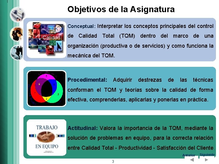 Objetivos de la Asignatura Conceptual: Interpretar los conceptos principales del control de Calidad Total