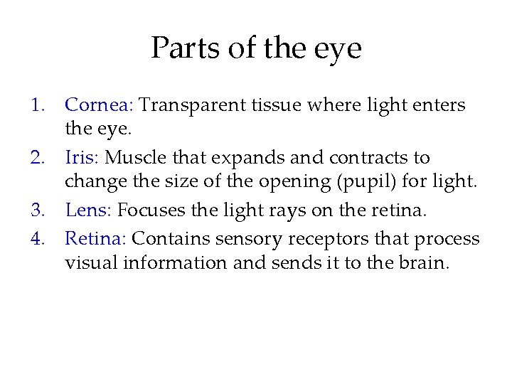 Parts of the eye 1. Cornea: Transparent tissue where light enters the eye. 2.