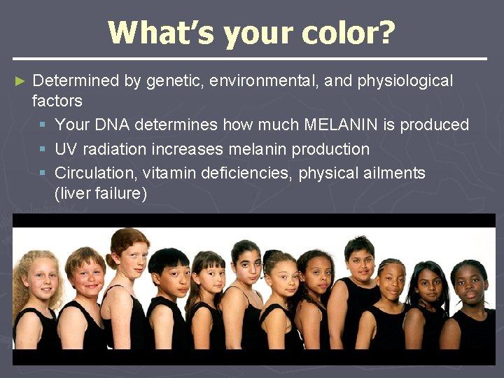 What’s your color? ► Determined by genetic, environmental, and physiological factors § Your DNA What’s your color? ► Determined by genetic, environmental, and physiological factors § Your DNA