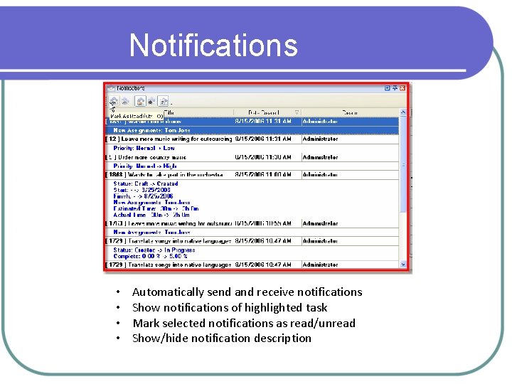 Notifications • • Automatically send and receive notifications Show notifications of highlighted task Mark