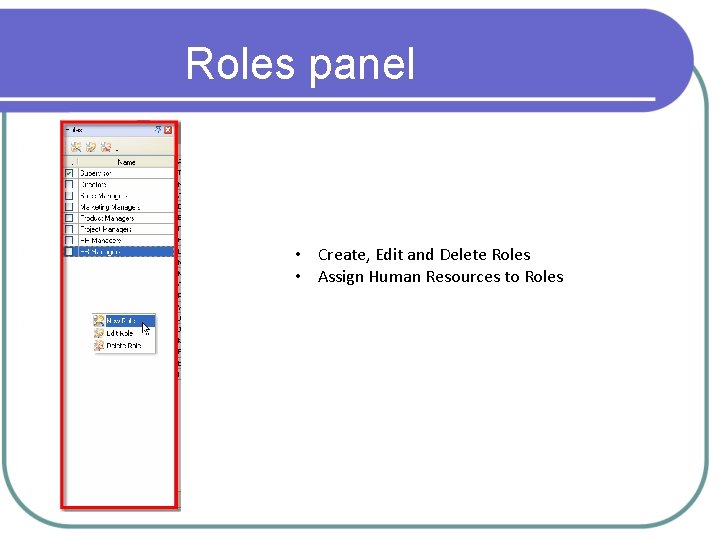 Roles panel • Create, Edit and Delete Roles • Assign Human Resources to Roles