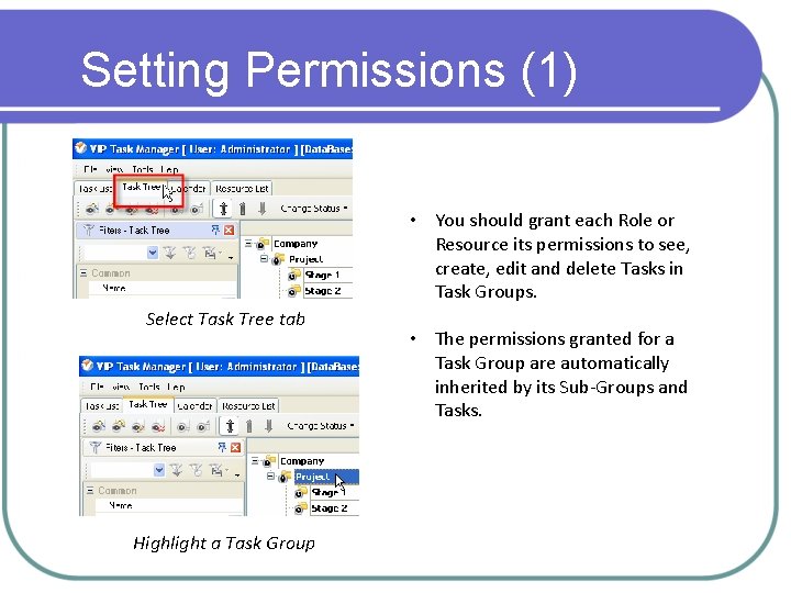 Setting Permissions (1) • You should grant each Role or Resource its permissions to