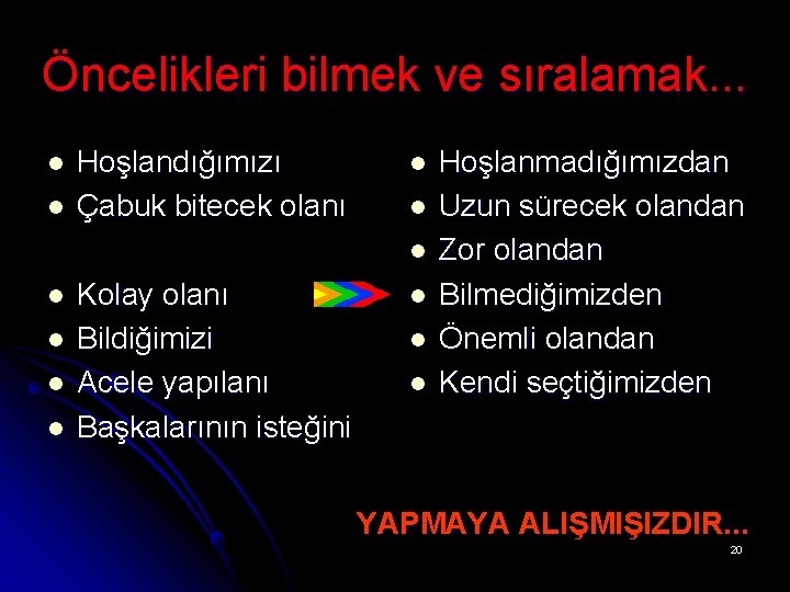 Öncelikleri bilmek ve sıralamak. . . l l Hoşlandığımızı Çabuk bitecek olanı l l