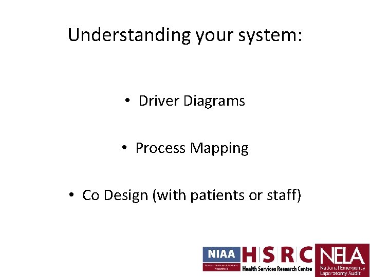 Understanding your system: • Driver Diagrams • Process Mapping • Co Design (with patients Understanding your system: • Driver Diagrams • Process Mapping • Co Design (with patients