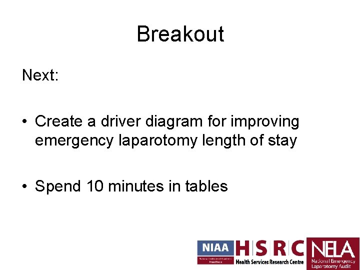Breakout Next: • Create a driver diagram for improving emergency laparotomy length of stay Breakout Next: • Create a driver diagram for improving emergency laparotomy length of stay