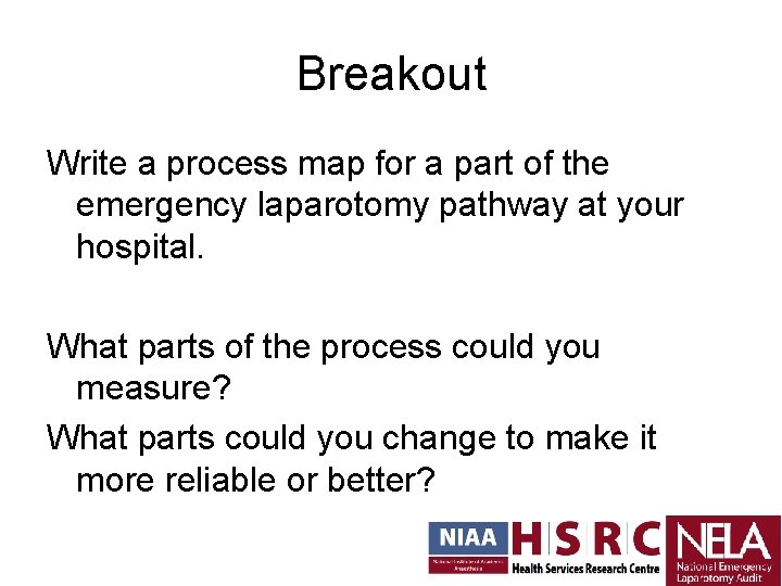 Breakout Write a process map for a part of the emergency laparotomy pathway at Breakout Write a process map for a part of the emergency laparotomy pathway at