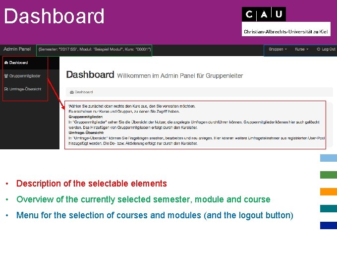Dashboard • Description of the selectable elements • Overview of the currently selected semester,