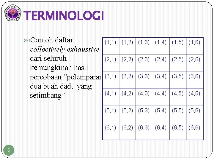 TERMINOLOGI Contoh daftar collectively exhaustive dari seluruh kemungkinan hasil percobaan “pelemparan dua buah dadu