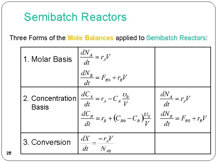Semibatch Reactors Three Forms of the Mole Balances applied to Semibatch Reactors: 1. Molar