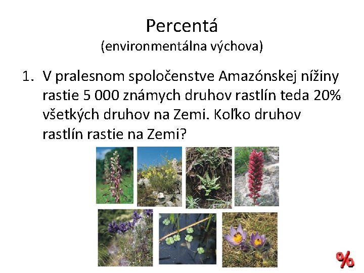 Percentá (environmentálna výchova) 1. V pralesnom spoločenstve Amazónskej nížiny rastie 5 000 známych druhov Percentá (environmentálna výchova) 1. V pralesnom spoločenstve Amazónskej nížiny rastie 5 000 známych druhov