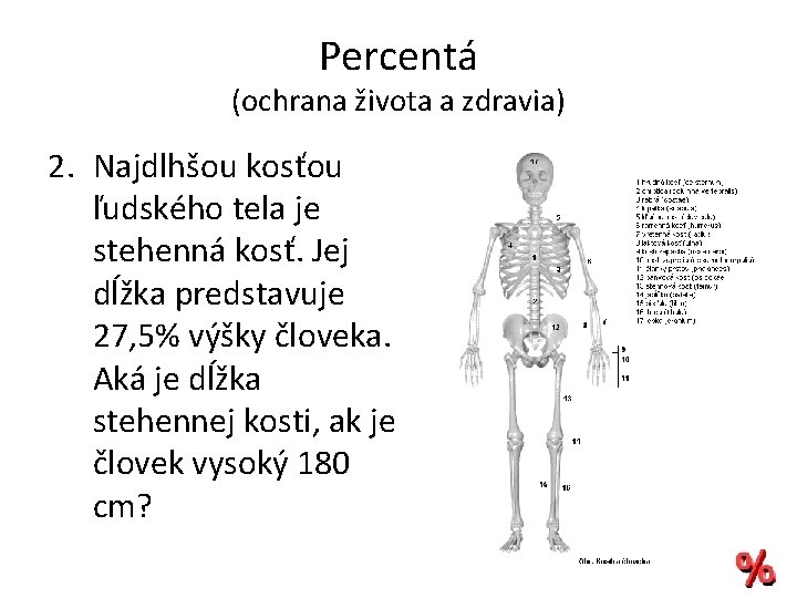 Percentá (ochrana života a zdravia) 2. Najdlhšou kosťou ľudského tela je stehenná kosť. Jej