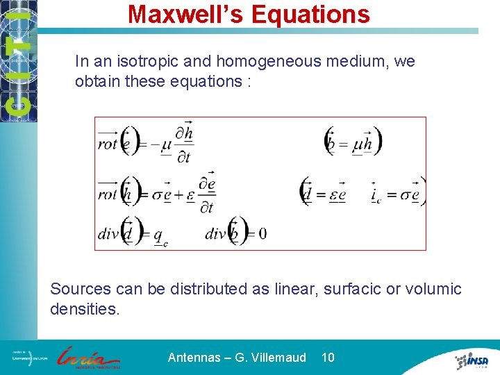 Maxwell’s Equations In an isotropic and homogeneous medium, we obtain these equations : Sources