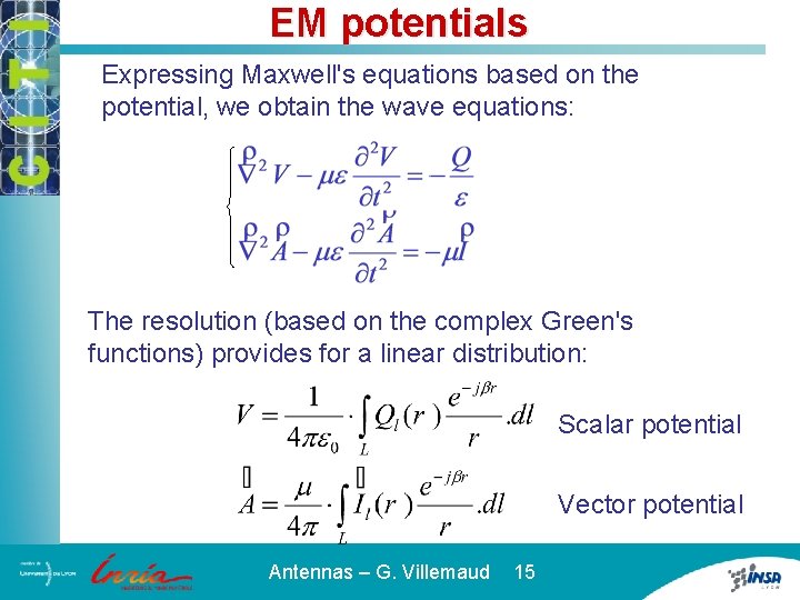 EM potentials Expressing Maxwell's equations based on the potential, we obtain the wave equations: