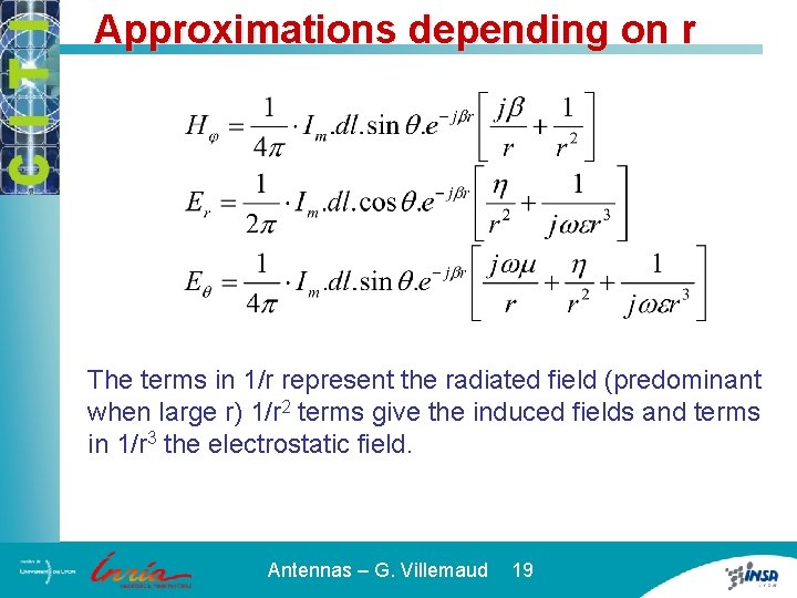 Approximations depending on r The terms in 1/r represent the radiated field (predominant when
