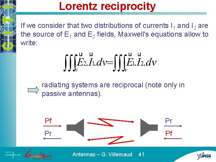 Lorentz reciprocity If we consider that two distributions of currents I 1 and I