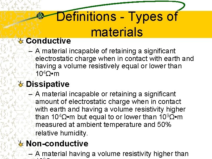 Definitions - Types of materials Conductive – A material incapable of retaining a significant