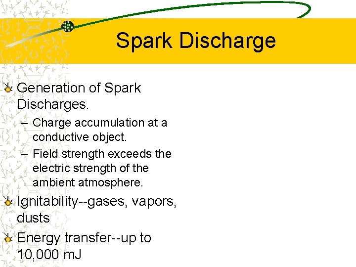 Spark Discharge Generation of Spark Discharges. – Charge accumulation at a conductive object. –