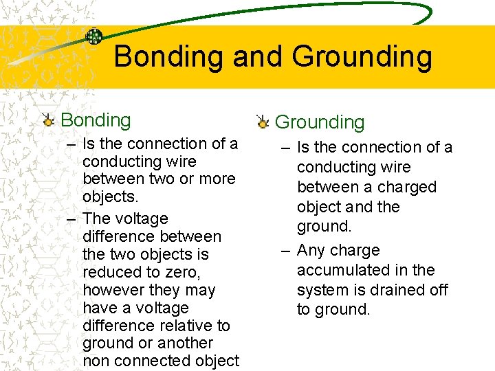 Bonding and Grounding Bonding – Is the connection of a conducting wire between two