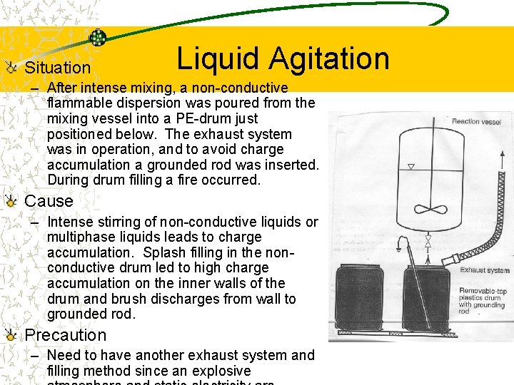 Situation Liquid Agitation – After intense mixing, a non-conductive flammable dispersion was poured from