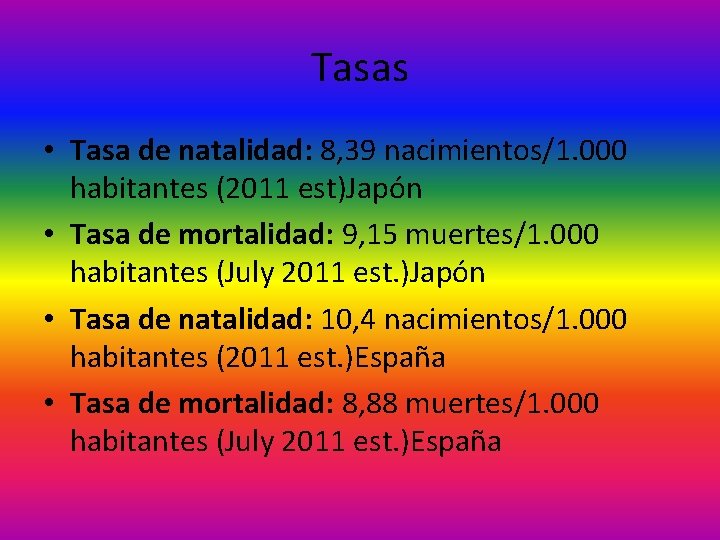 Tasas • Tasa de natalidad: 8, 39 nacimientos/1. 000 habitantes (2011 est)Japón • Tasa Tasas • Tasa de natalidad: 8, 39 nacimientos/1. 000 habitantes (2011 est)Japón • Tasa