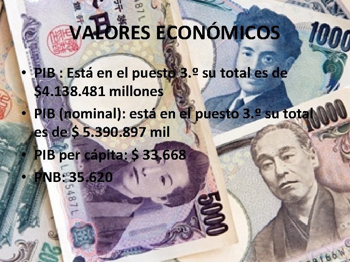 VALORES ECONÓMICOS • PIB : Está en el puesto 3. º su total es VALORES ECONÓMICOS • PIB : Está en el puesto 3. º su total es
