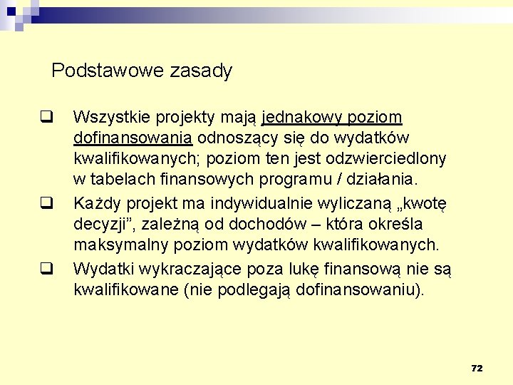 Podstawowe zasady q q q Wszystkie projekty mają jednakowy poziom dofinansowania odnoszący się do